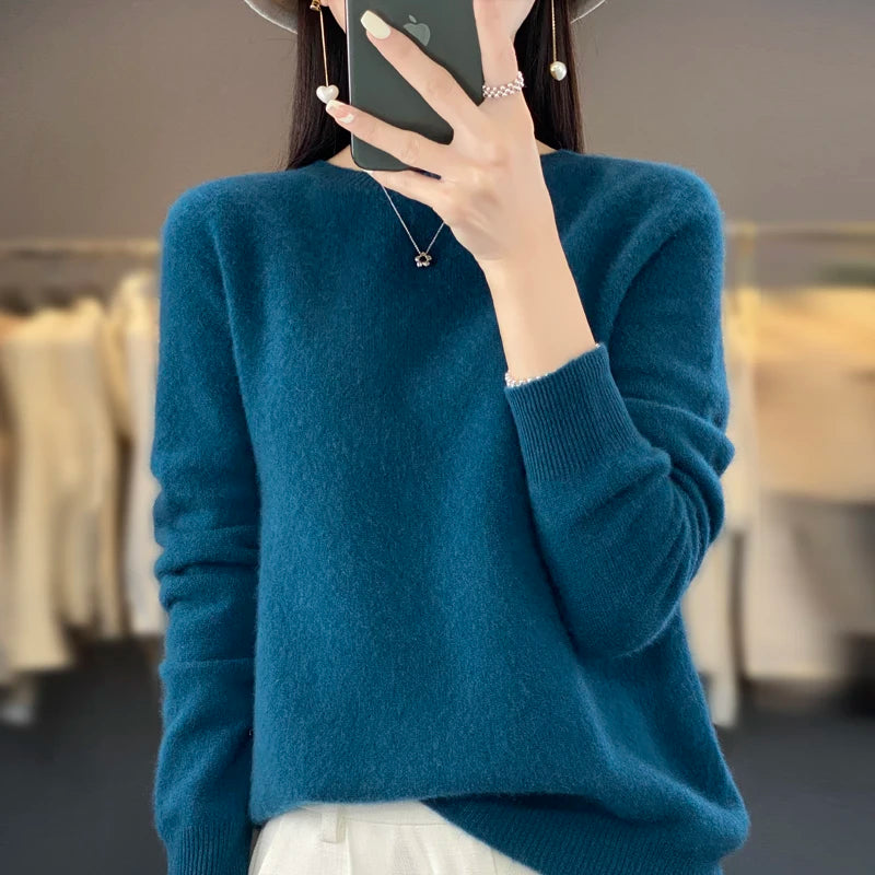 Autumn Winter 100% Merino Wool cashmere Sweater O-Neck Long Sleeve Cashmere Women Knitted Pullover Clothing Top