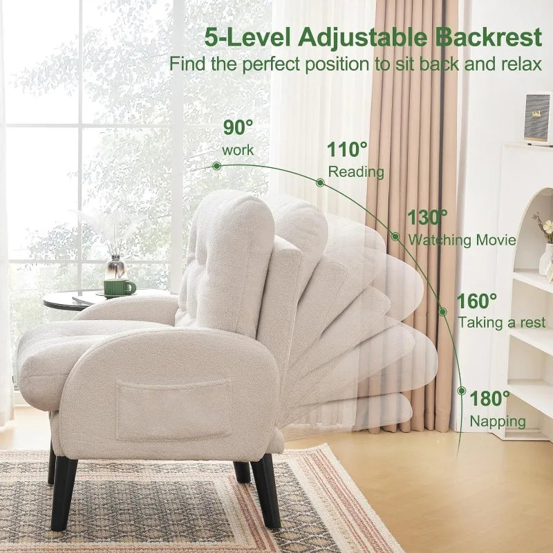 Accent Chair with Ottoman, Teddy Fabric Comfy Chair and Storage Ottoman Set,Reading Chair with Adjustable Backrest & Side Pocket