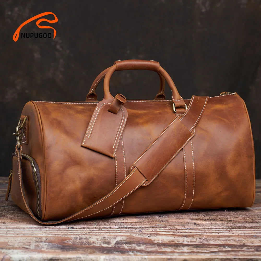 Vintage Men's Travel Bag Genuine Leather Hand Luggage Boston Bag Duffle Large Capacity Shoulder For 16 Inch Laptop NUPUGOO
