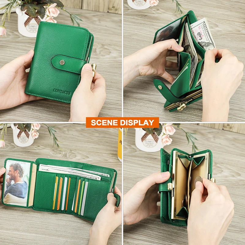 Contact'S Women Short Coin Purse Metal Frame Green Genuine Leather Wallet Credit Card Holder Fashion Small Wallets for Woman