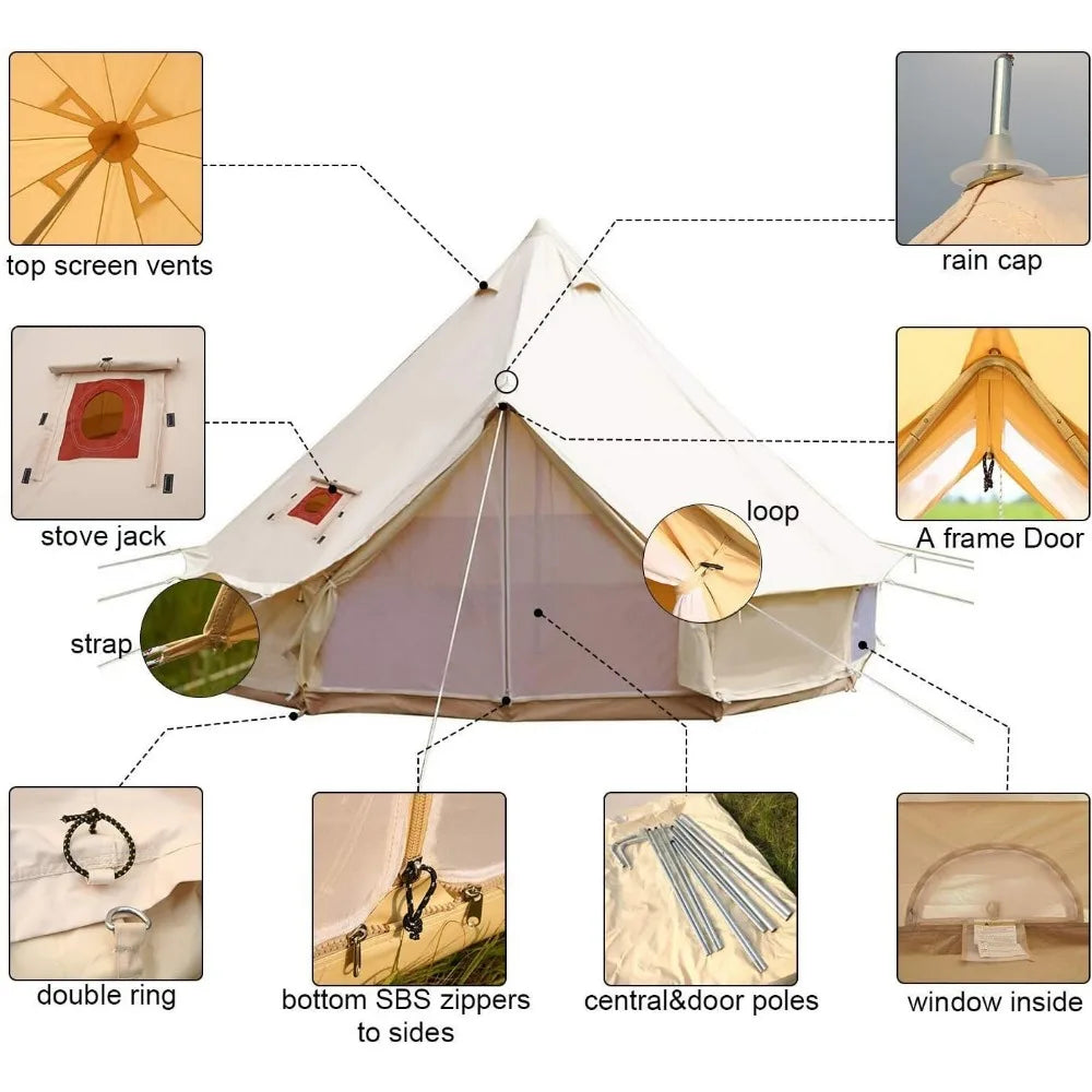 Luxury 4 Season Waterproof Cotton Canvas Bell Tent Large Glamping Tent Yurt Teepee with Roof Stove Jack Hole for Camping Hiking