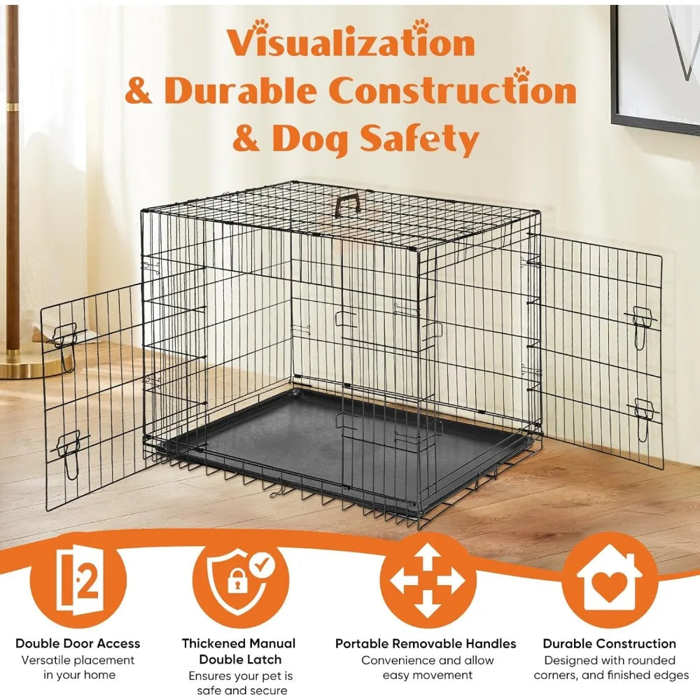 Dog Crate with Divider Panel, 42 Inch Double Door Folding Metal Wire Dog Cage with Plastic Leak-Proof Pan Tray